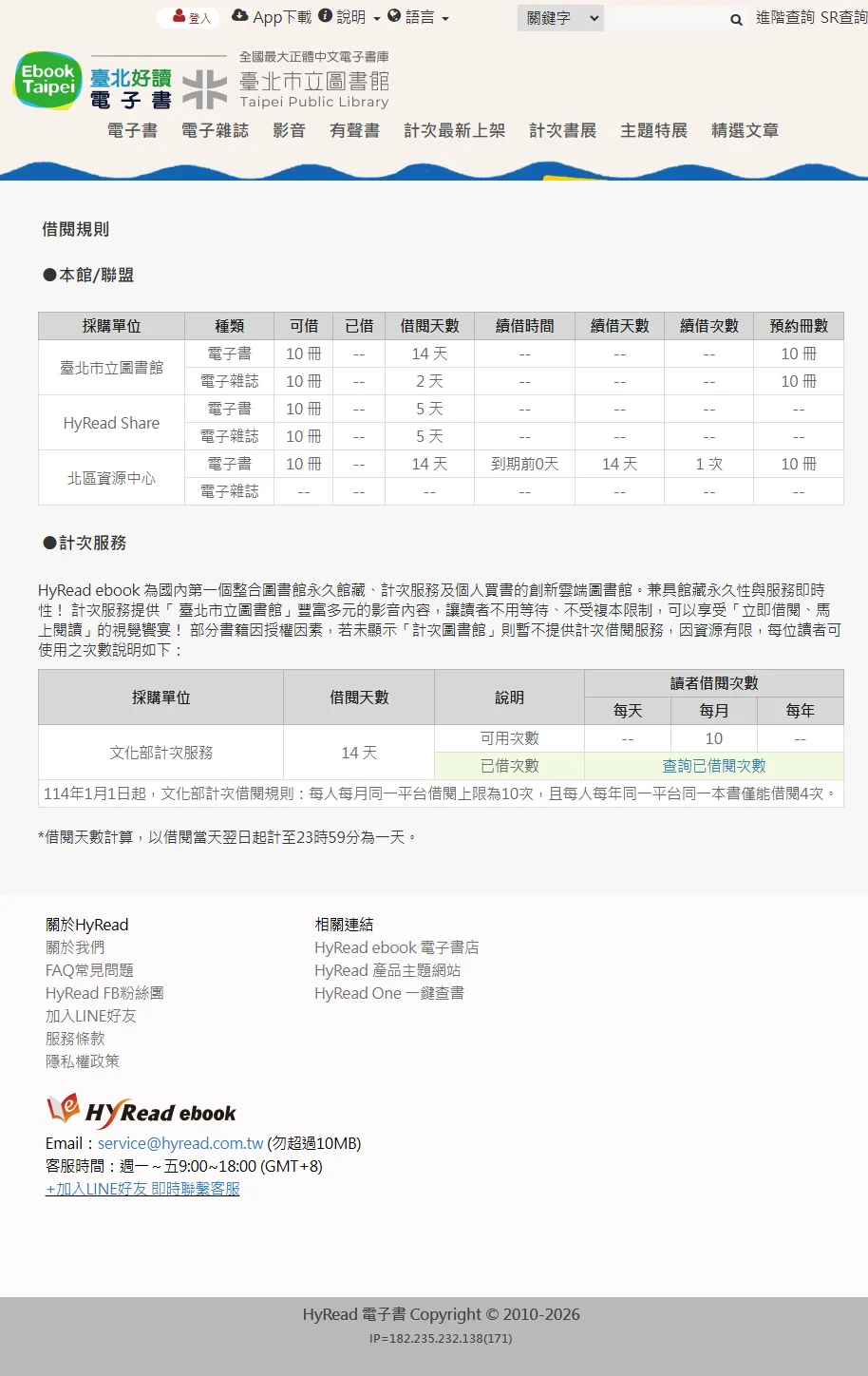 ▲ 台北市 HyRead 借閱規則頁實際截圖（2026/4），館藏上限 10 冊、計次每月 10 次